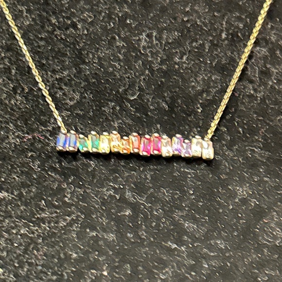 Lucky Star Jewels Rainbow Baguette Crystal Bar Necklace Gold Tone Dainty Y2K - Picture 5 of 7
